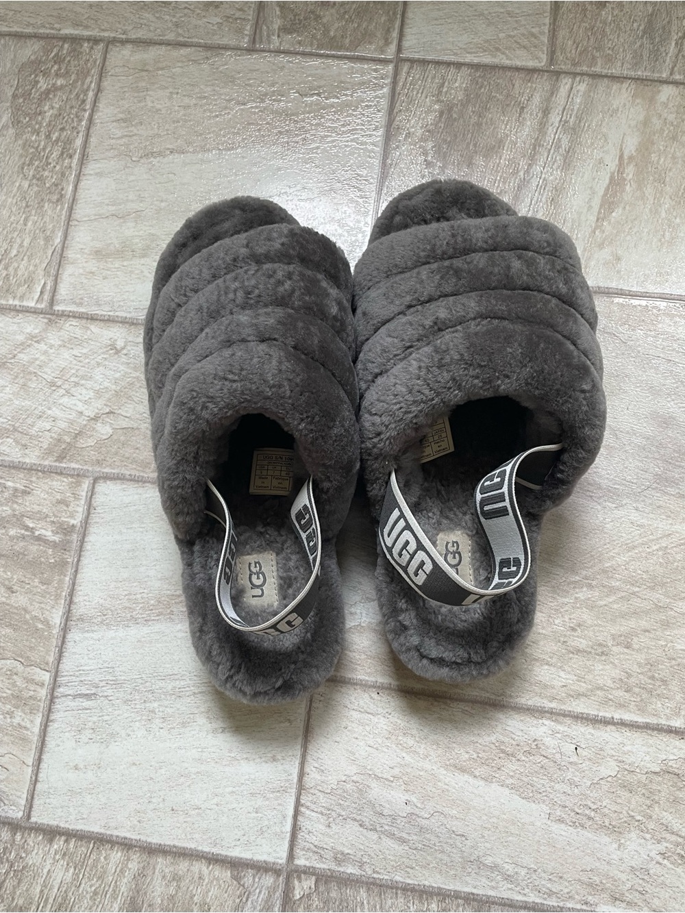 UGG Kids Charcoal Gray Fluff Slide with Logo Slingback